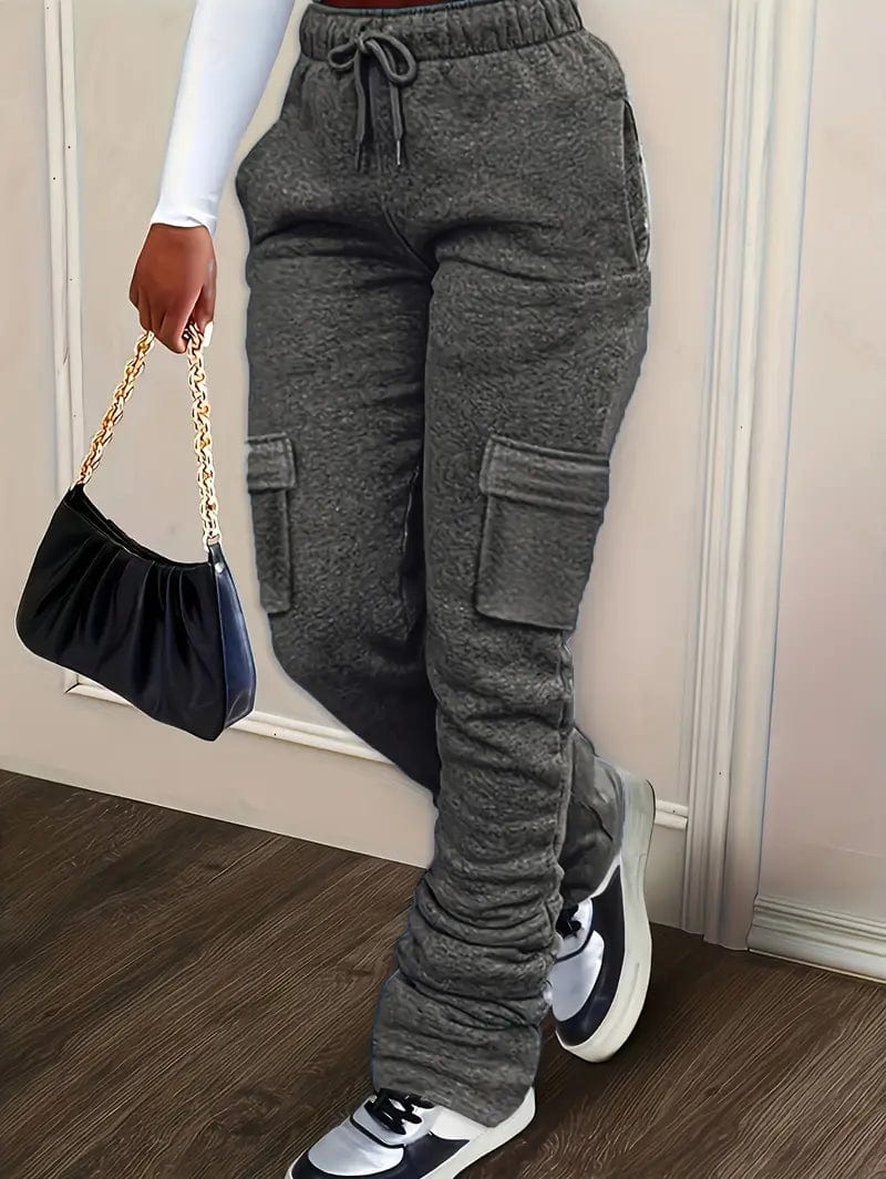 Ruched Solid Pants, Long-Length Casual Drawstring Bottoms, Women's Apparel