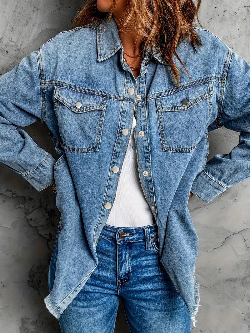 Raw Hem Blue Lapel Denim Coat with Flap Pockets, Long Sleeves Casual Denim Jacket for Women