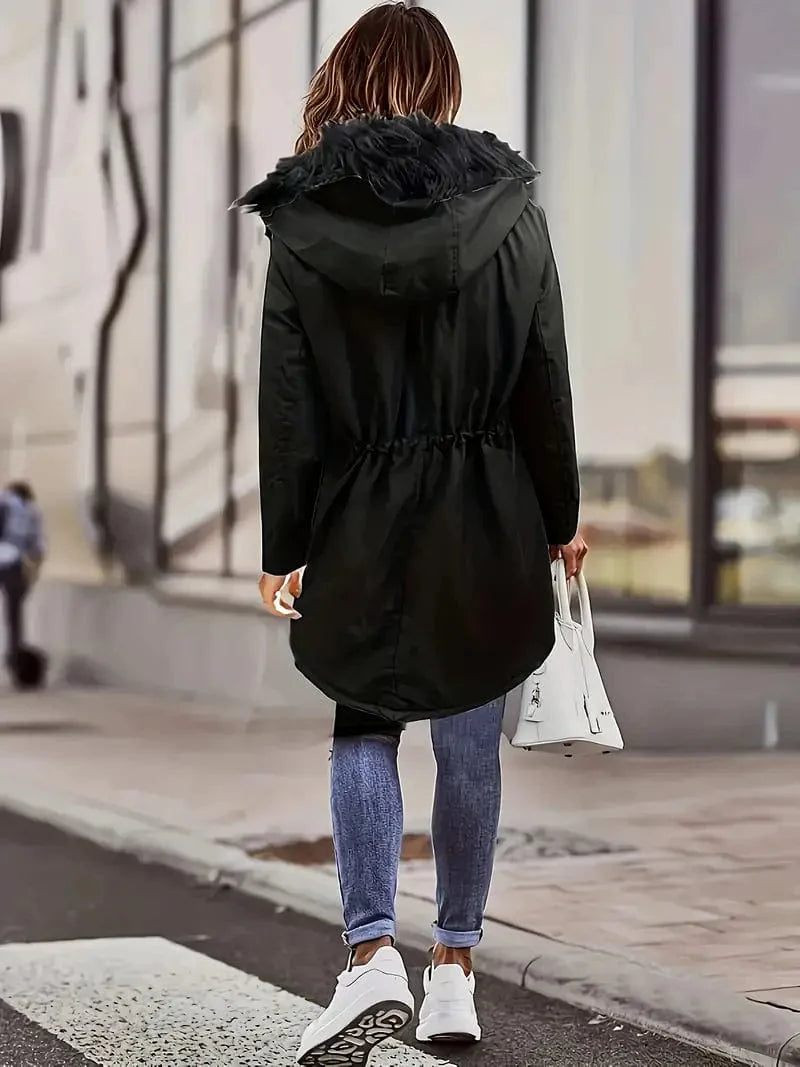 Faux Fur Trim Parka Coat with Hood and Drawstring
