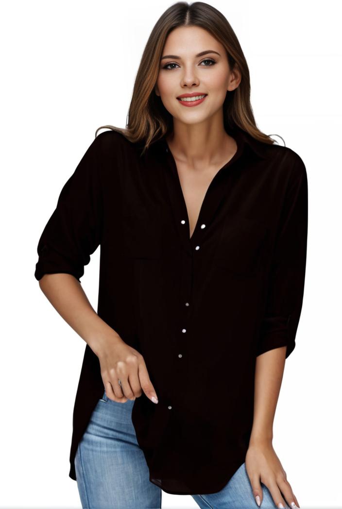 plus size formal shirt women s plus plain long sleeve turn down collar button up workwear shirt 113823