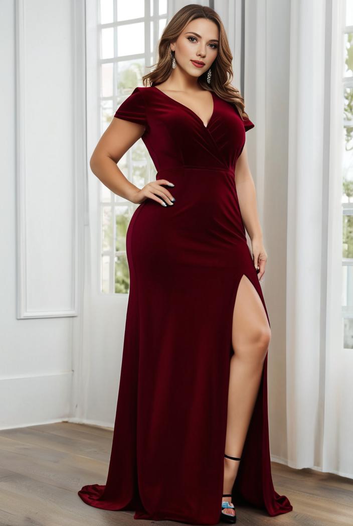 plus size front slit short sleeve with sequin mother of the bride dress 113868