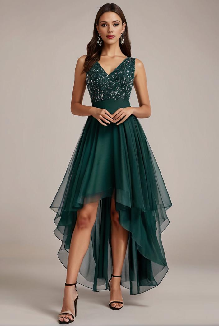sequin bodice tulle high low evening dress with ribbon waist 117789