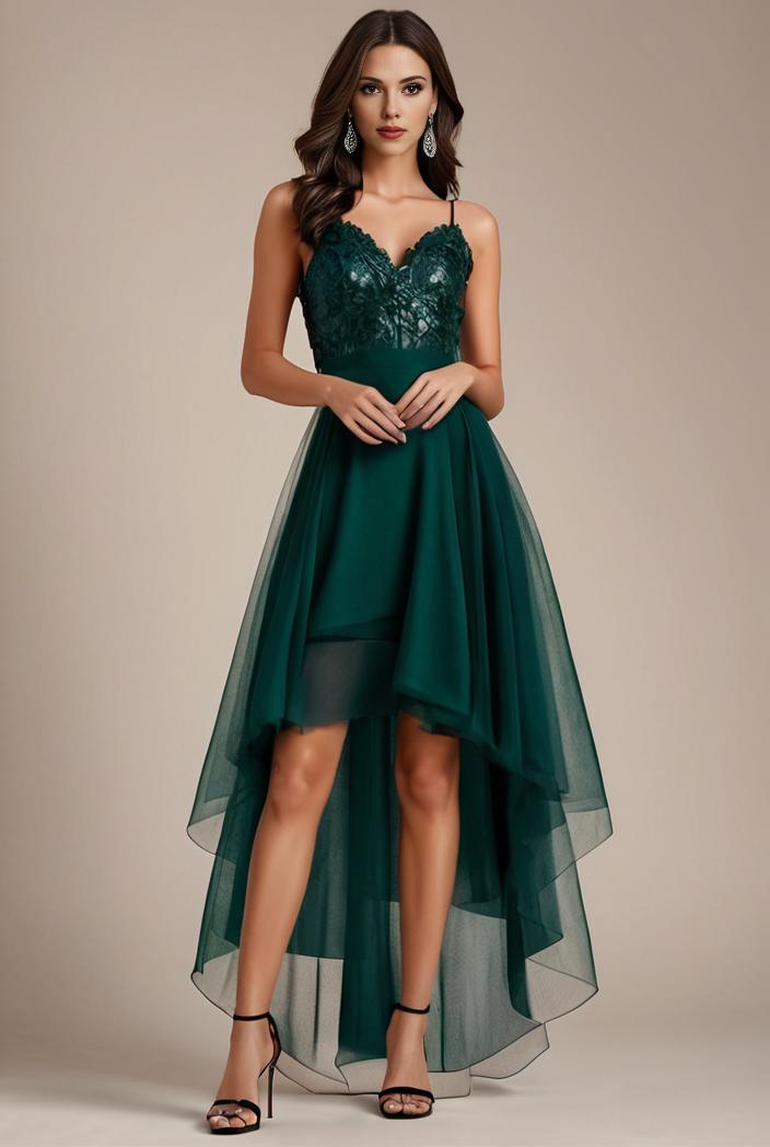 sequin bodice tulle high low evening dress with ribbon waist 117790