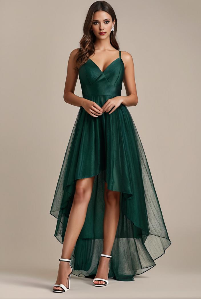 sequin bodice tulle high low evening dress with ribbon waist 117791