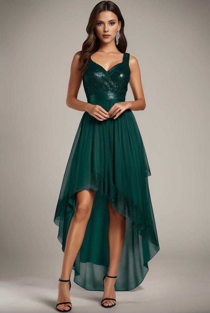 sequin bodice tulle high low evening dress with ribbon waist 117793