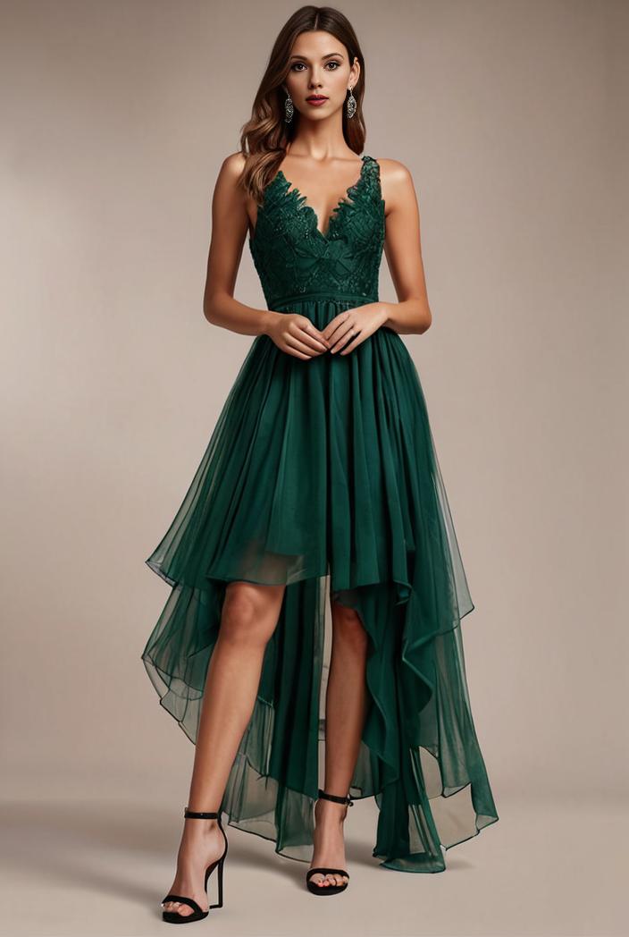 sequin bodice tulle high low evening dress with ribbon waist 117794