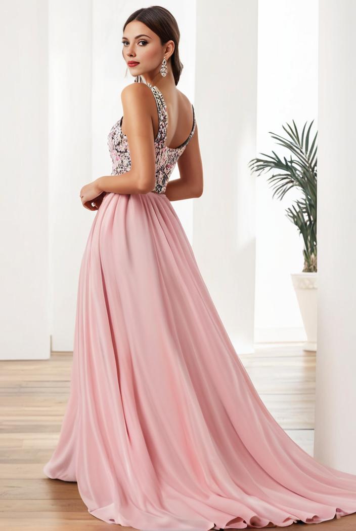 sequin bodice tulle high low evening dress with ribbon waist 117824