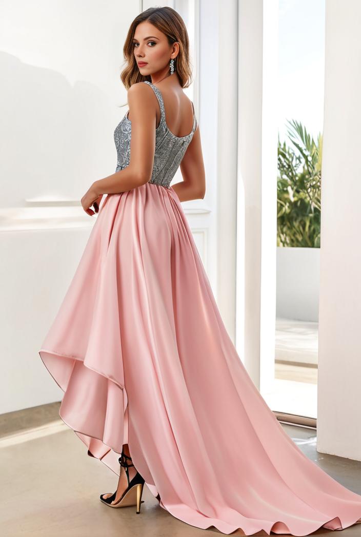 sequin bodice tulle high low evening dress with ribbon waist 117826