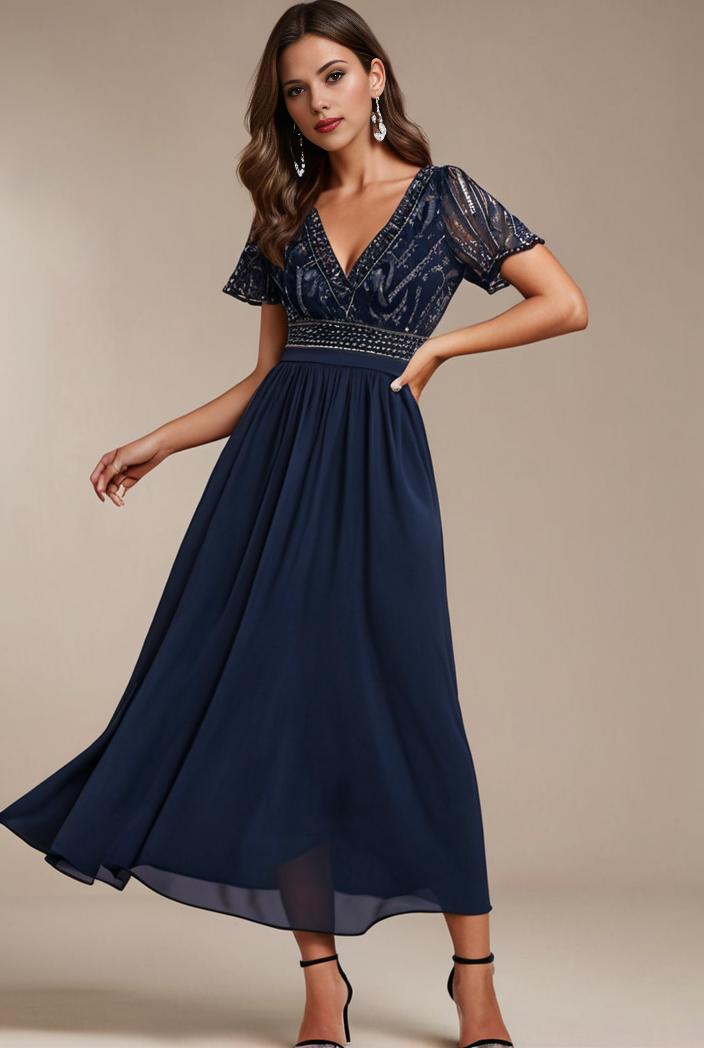 short sleeve v neck sequin chiffon a line mother of the bride dress 119361