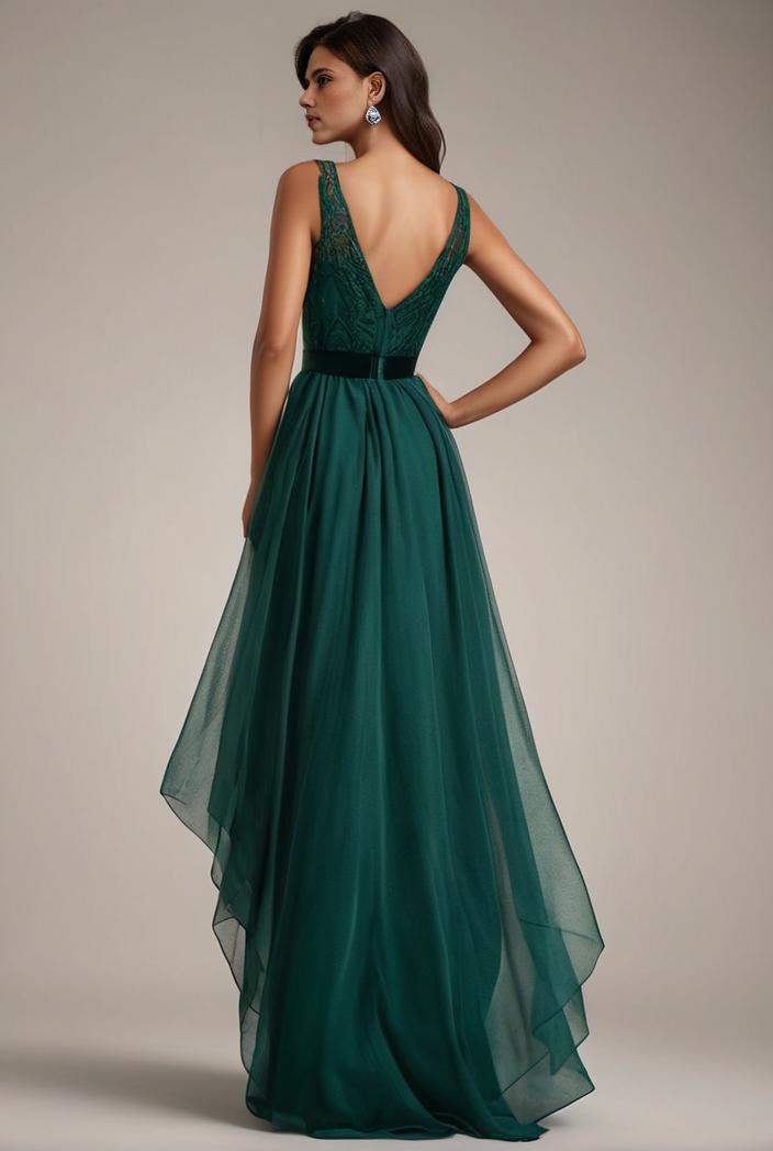sequin bodice tulle high low evening dress with ribbon waist 136083
