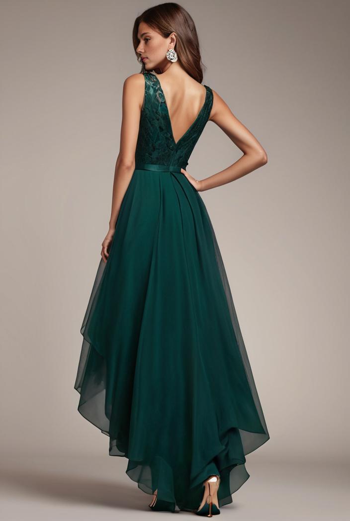 sequin bodice tulle high low evening dress with ribbon waist 136084