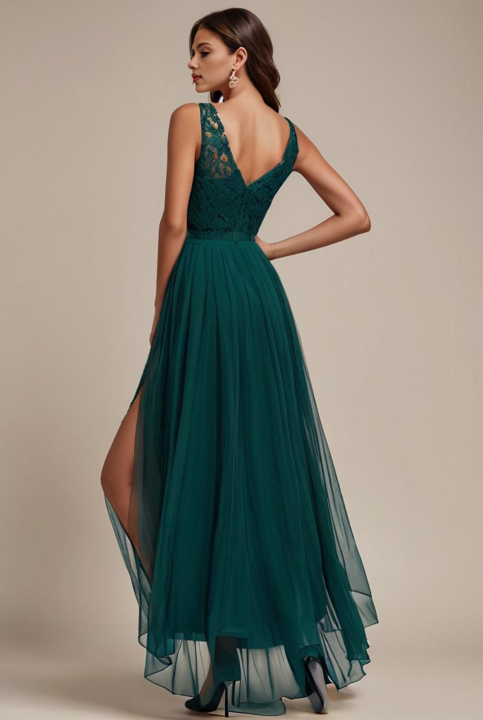 sequin bodice tulle high low evening dress with ribbon waist 136085