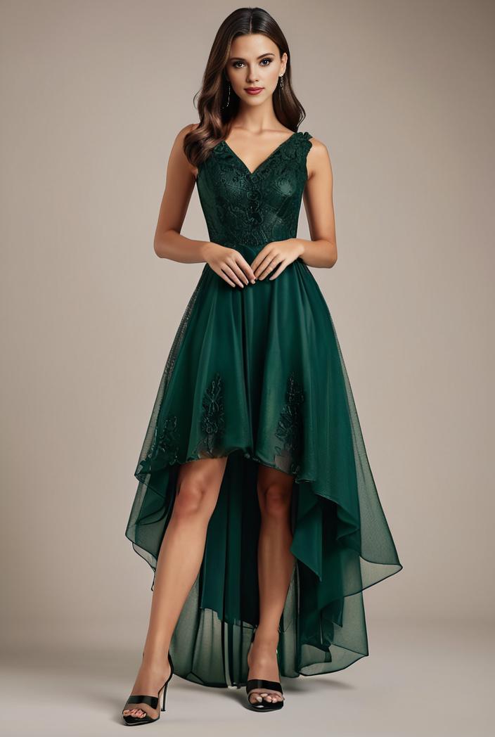sequin bodice tulle high low evening dress with ribbon waist 136109