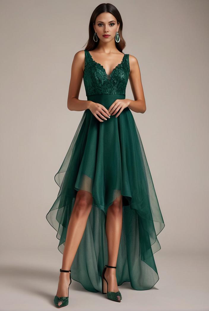 sequin bodice tulle high low evening dress with ribbon waist 136110