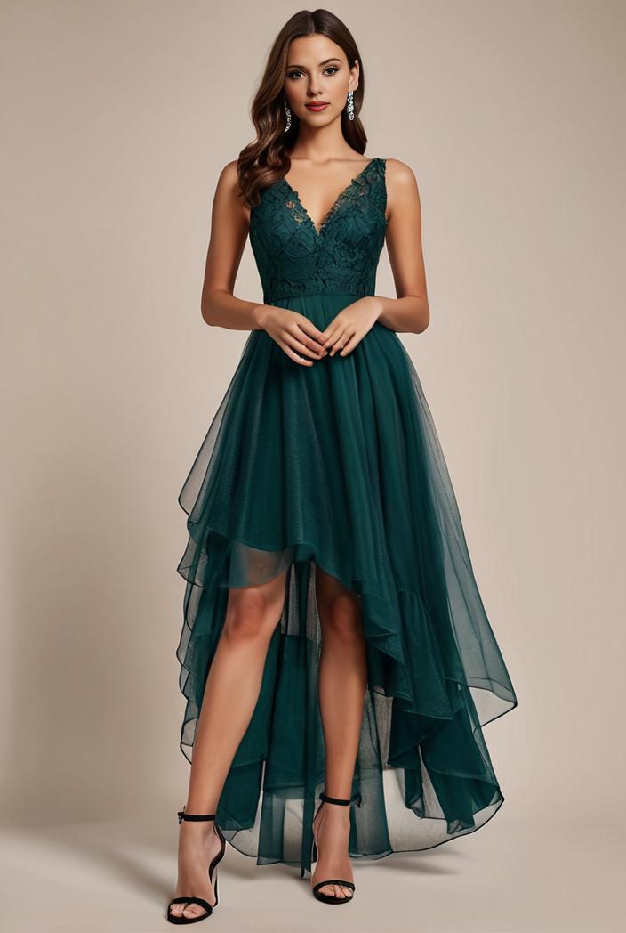 sequin bodice tulle high low evening dress with ribbon waist 136112