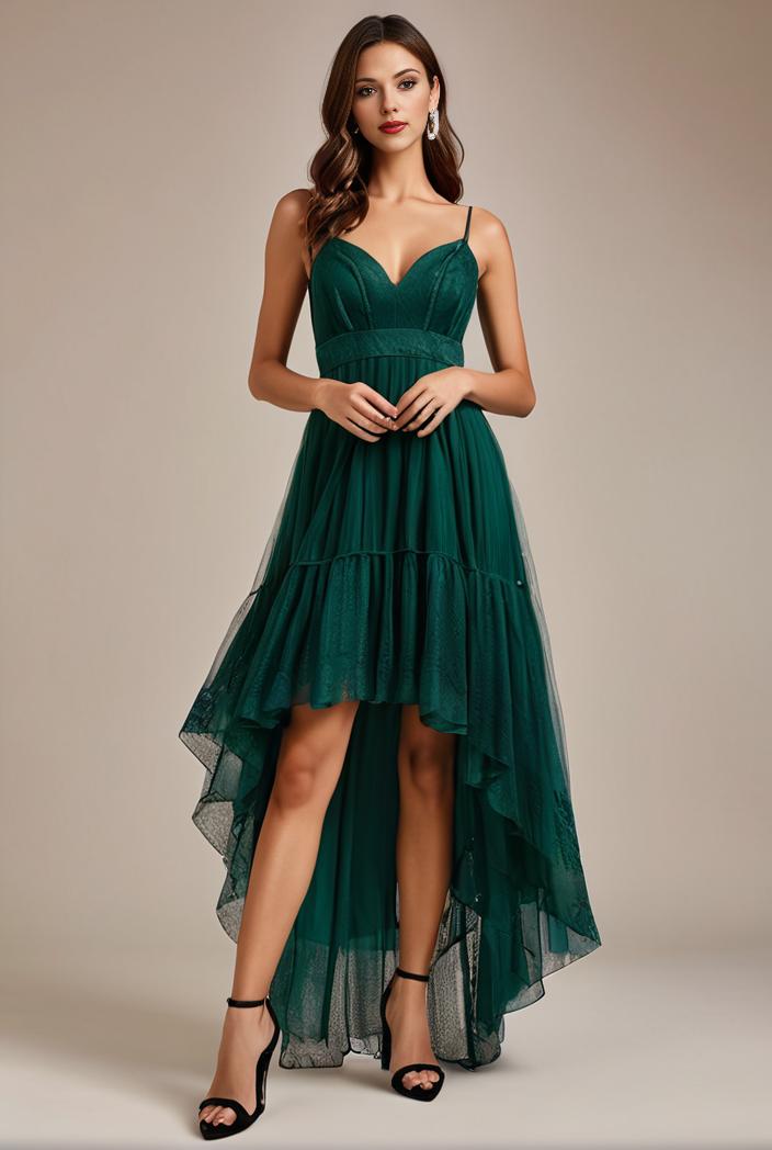 sequin bodice tulle high low evening dress with ribbon waist 136113