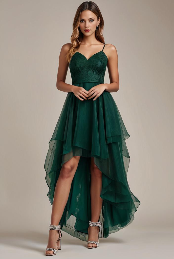 sequin bodice tulle high low evening dress with ribbon waist 136114