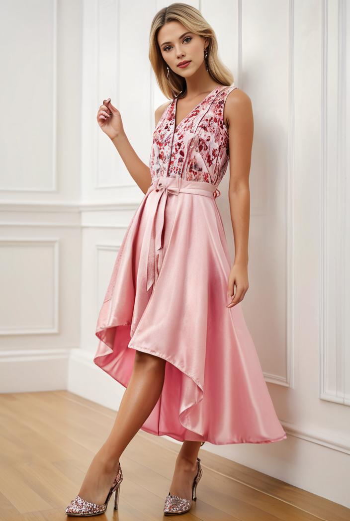 sequin bodice tulle high low evening dress with ribbon waist 136117