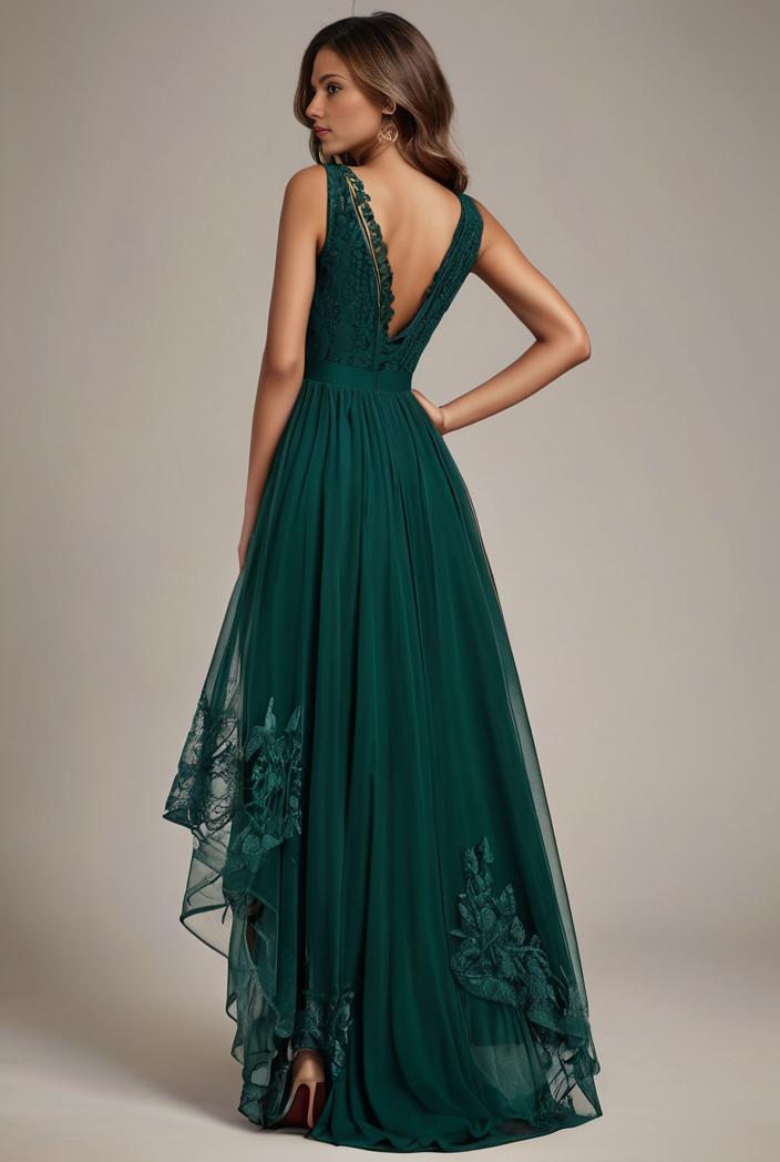 sequin bodice tulle high low evening dress with ribbon waist 136867