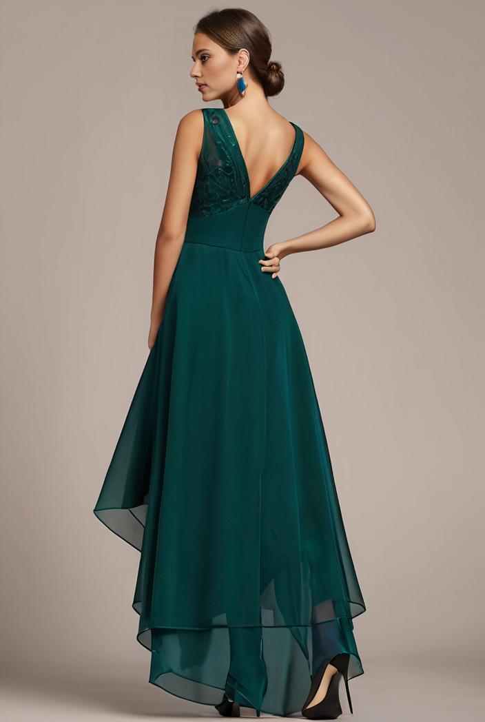 sequin bodice tulle high low evening dress with ribbon waist 136878
