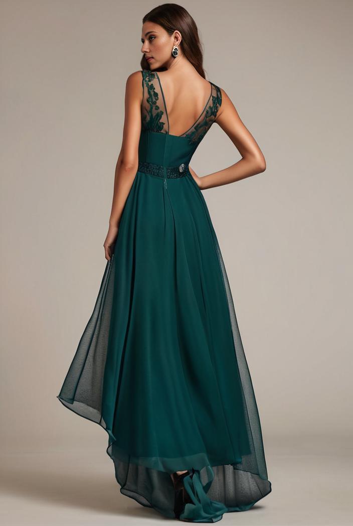 sequin bodice tulle high low evening dress with ribbon waist 136889