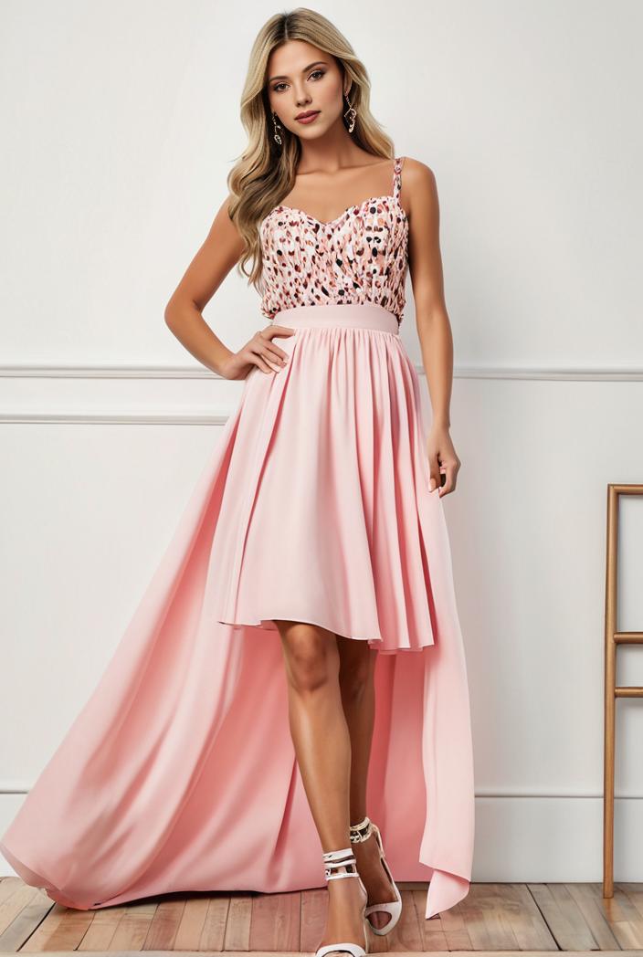 sequin bodice tulle high low evening dress with ribbon waist 137032