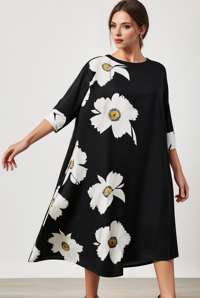 size curve dresses plus size loose elegant floral pattern stitching midi dress 138225