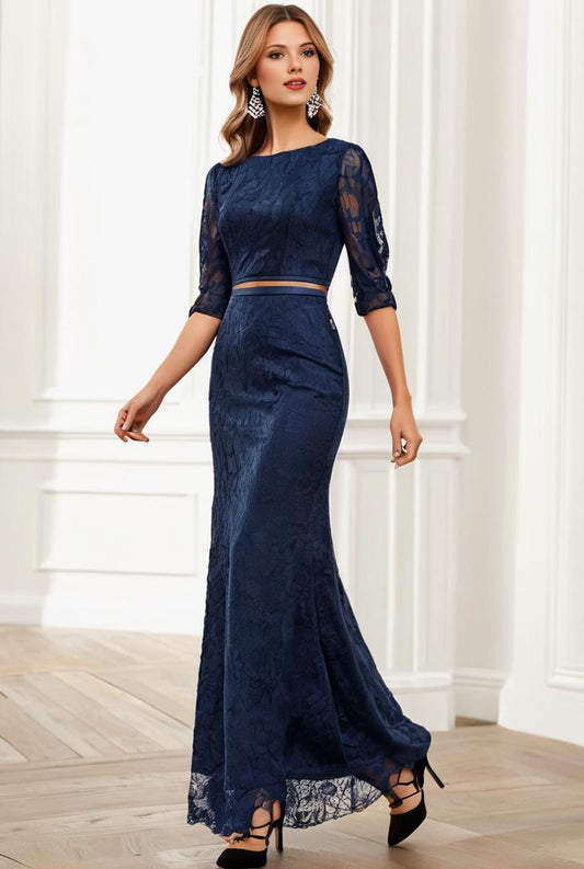 3 4 sleeve bodycon plunging back sequin evening dress 143093