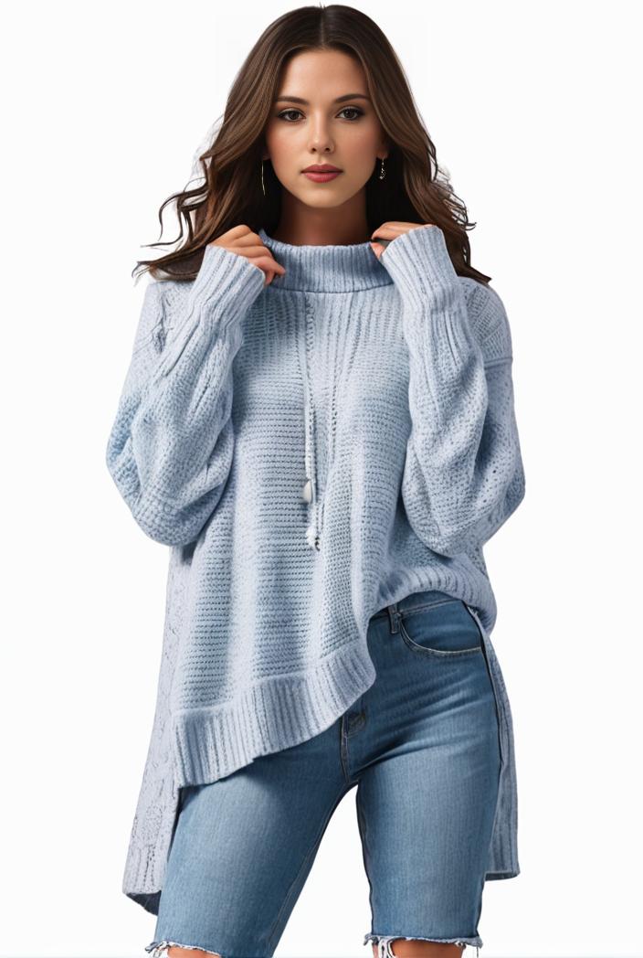 plus size casual sweater women s plus solid tassel trim long sleeve cowl neck high stretch jumper 116854
