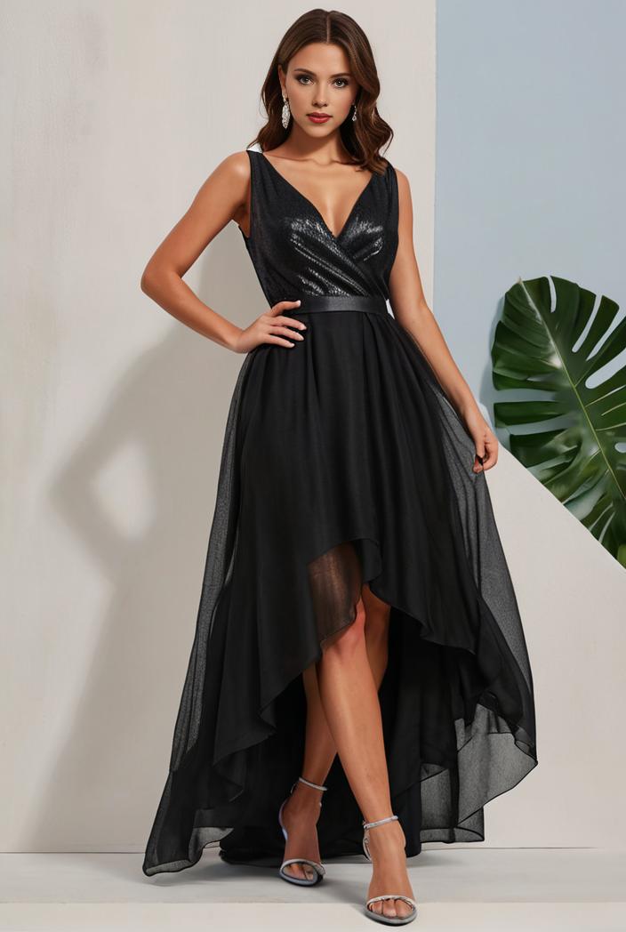 plus size sequin high low deep v neck tulle evening dresses 118860