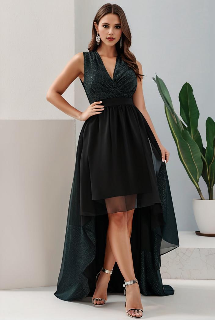 plus size sequin high low deep v neck tulle evening dresses 118866