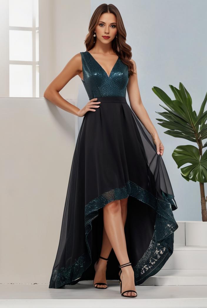 plus size sequin high low deep v neck tulle evening dresses 118867
