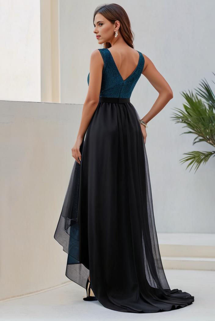 plus size sequin high low deep v neck tulle evening dresses 118875