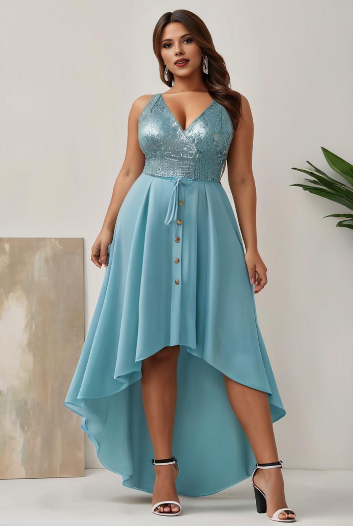 plus size sequin high low deep v neck tulle evening dresses 118894