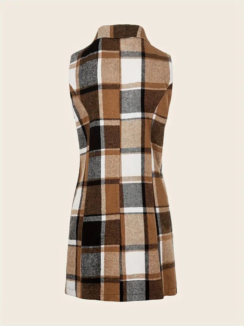 Sleeveless Plaid Lapel Blazer, Casual Single Breasted Outerwear, Women's Apparel