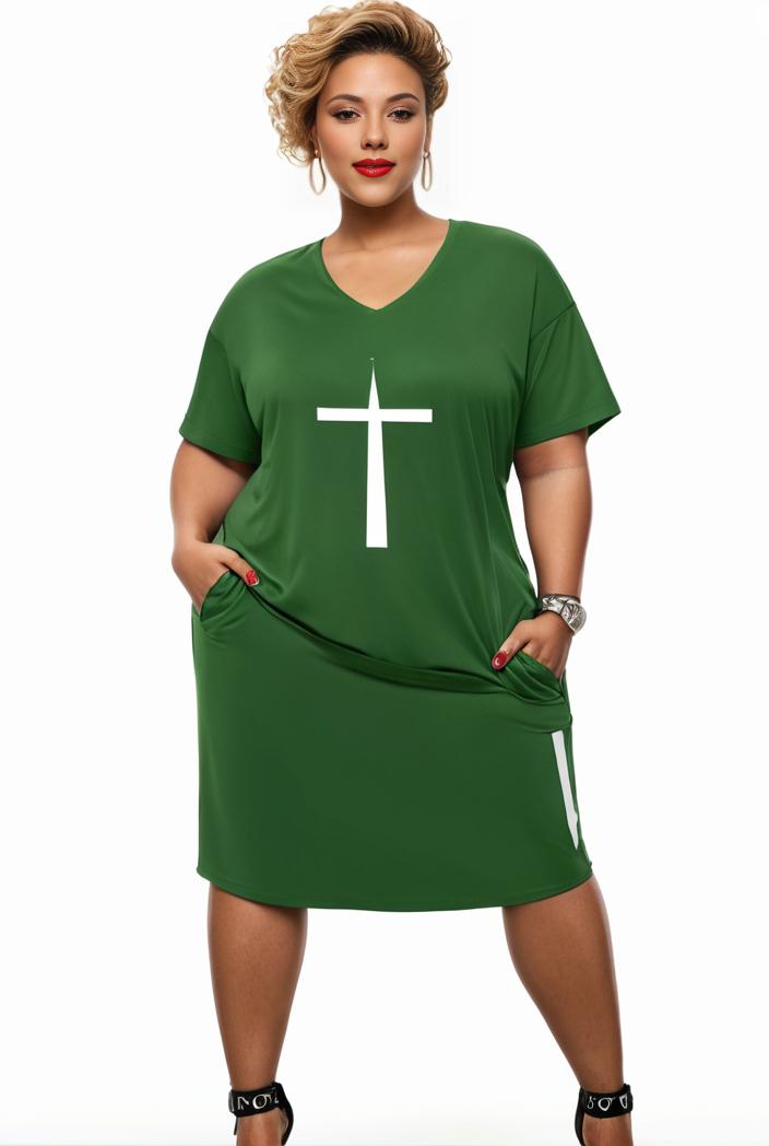 plus size faith letter print short sleeve midi dress with pockets women s plus slight stretch casual dress 135864