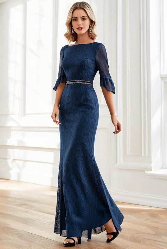 3 4 sleeve bodycon plunging back sequin evening dress 139457