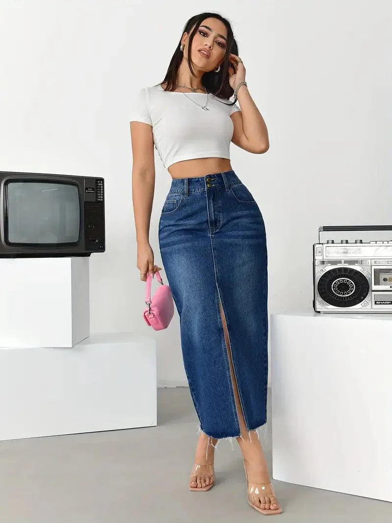 Split Denim Midi Skirt with High Waist and Stylish Slant Pockets