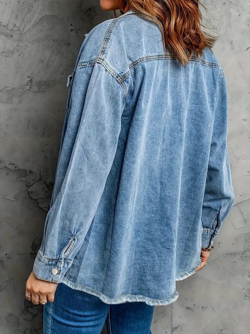 Raw Hem Blue Lapel Denim Coat with Flap Pockets, Long Sleeves Casual Denim Jacket for Women