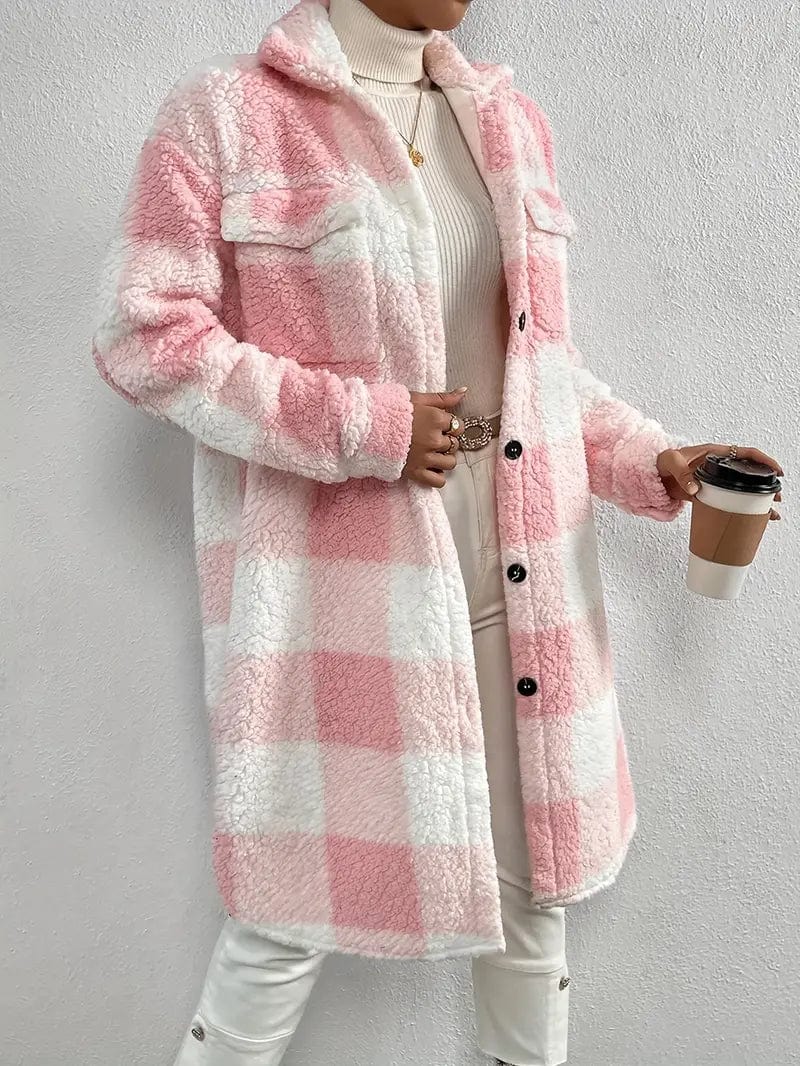 Plaid Pattern Teddy Coat, Stylish Open Front Long Sleeve Outerwear, Women's Garment