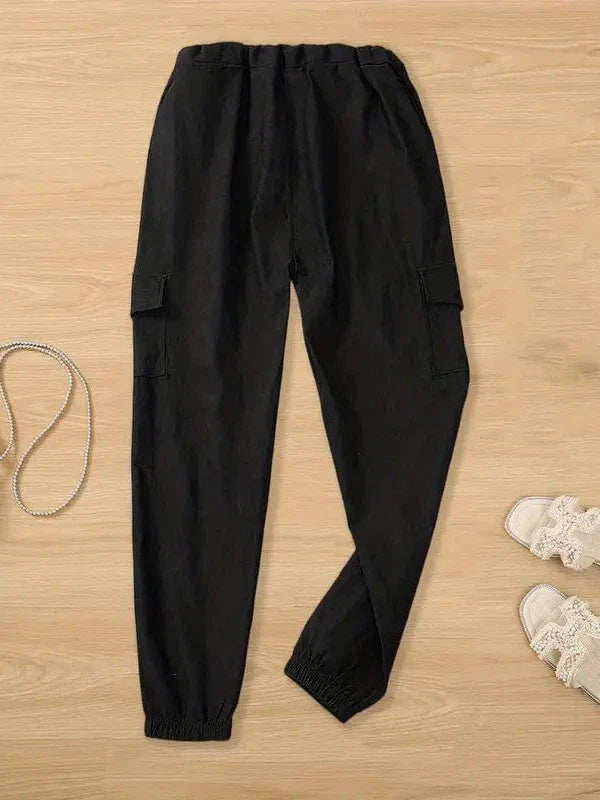 Solid Drawstring Cargo Pants for Y2K, Elastic Waist Casual Trousers With Pockets, Women's Clothing