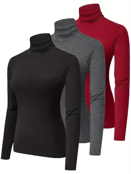 3 Sets of Turtleneck Tees, Comfy Long Sleeve Shirt Perfect for Spring & Autumn, Women's Apparel
