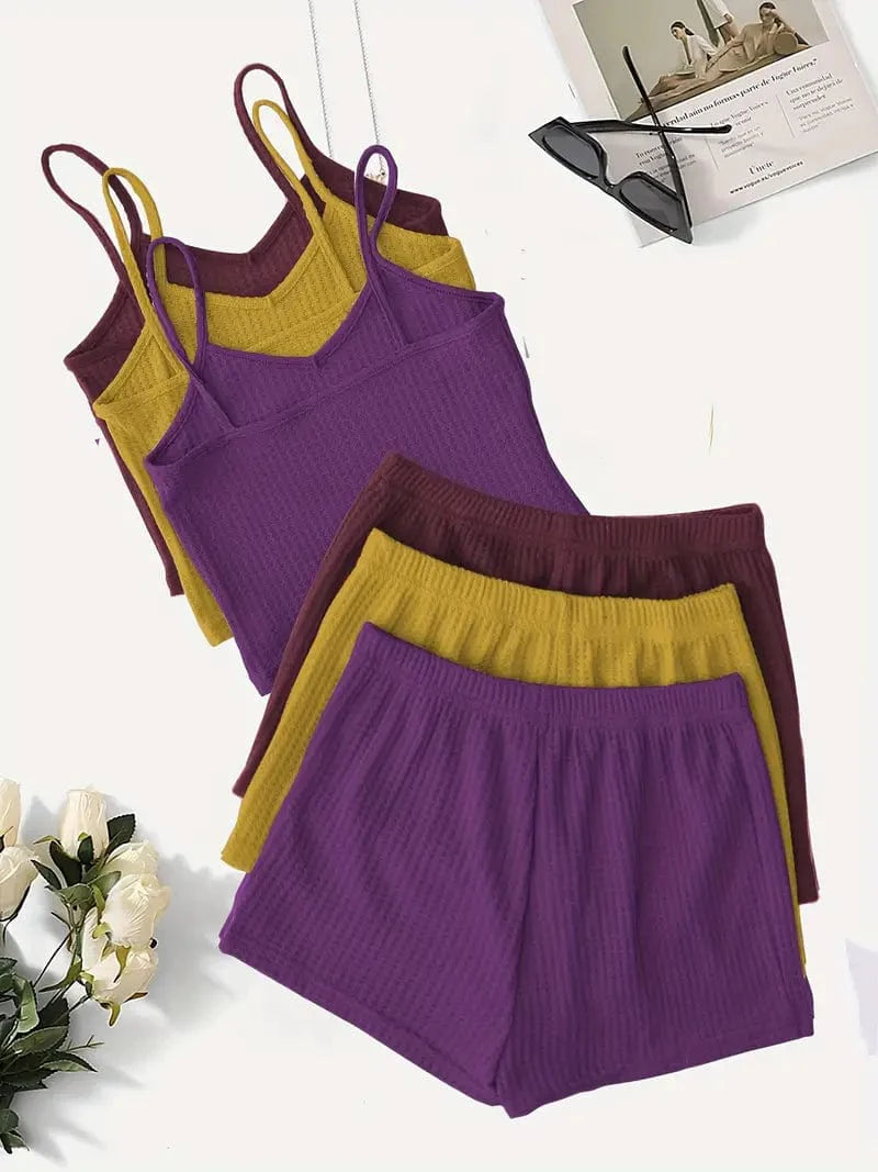 3 Sets of Two-Piece Loungewear, Including 3 Cami Tops and 3 Elastic Shorts for Women