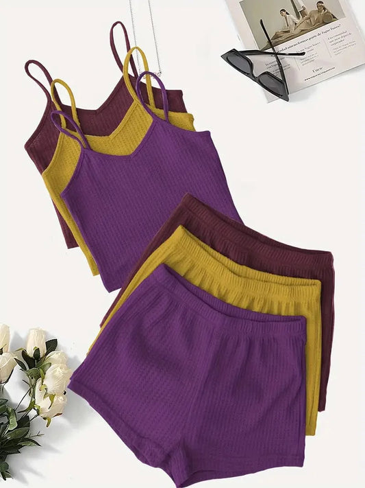 3 Sets of Two-Piece Loungewear, Including 3 Cami Tops and 3 Elastic Shorts for Women
