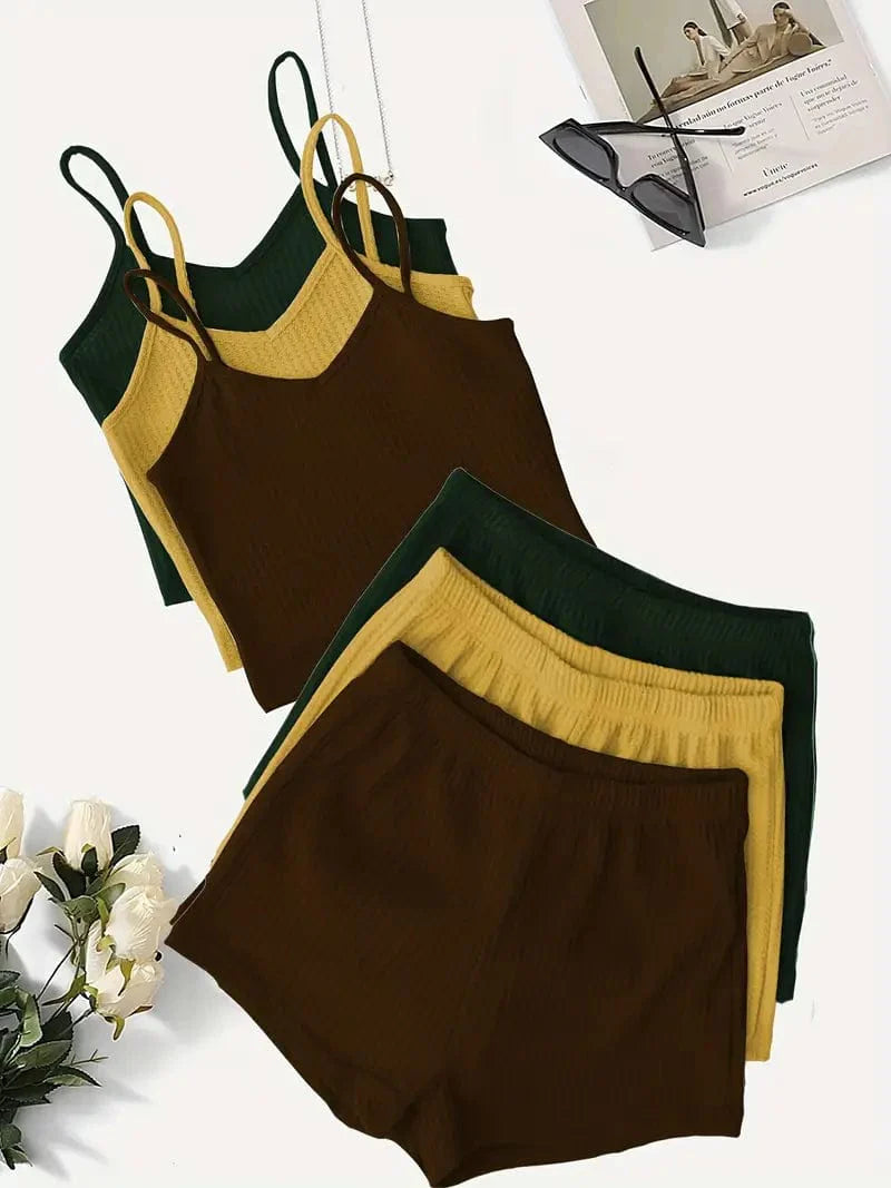3 Sets of Two-Piece Loungewear, Including 3 Cami Tops and 3 Elastic Shorts for Women