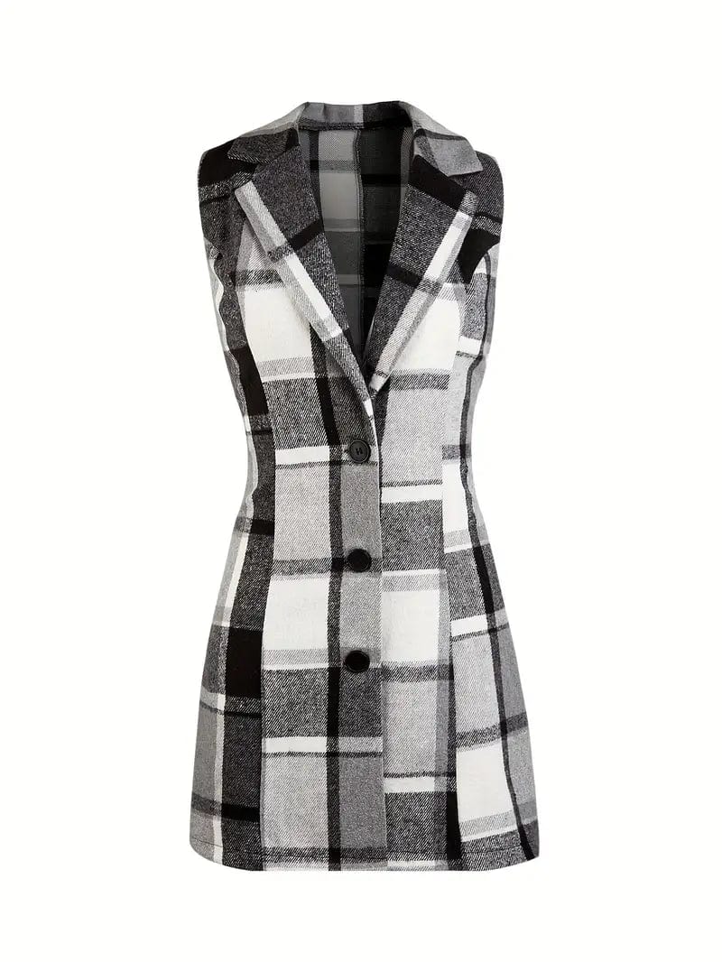 Sleeveless Plaid Lapel Blazer, Casual Single Breasted Outerwear, Women's Apparel