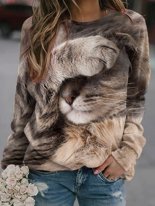 3D Brown Cat Print Women's Sweatshirt Pullover in Royal Blue, Brown Coffee, and Animal Print