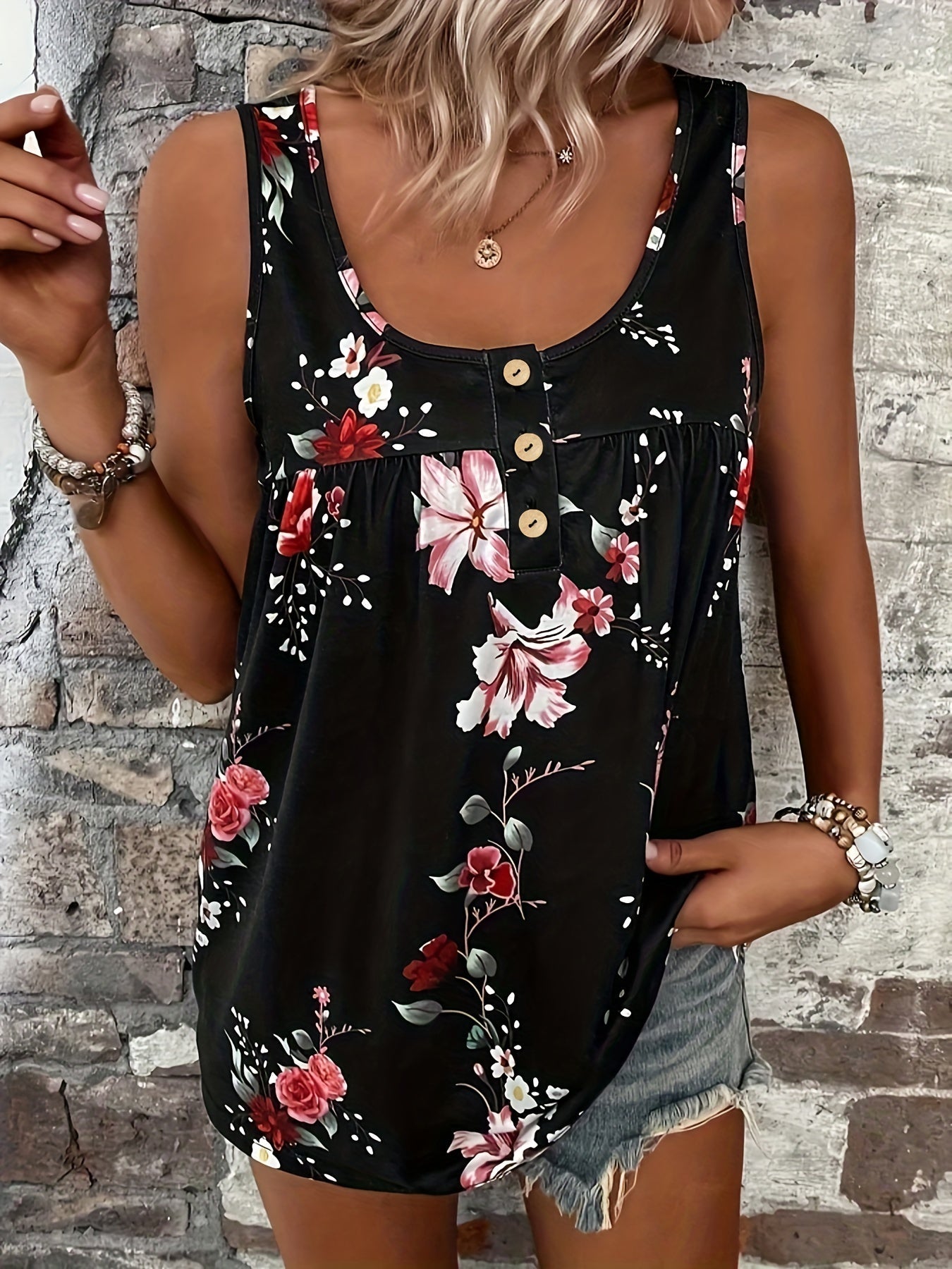 Floral Print Plus Size Henley Tank Top for Women