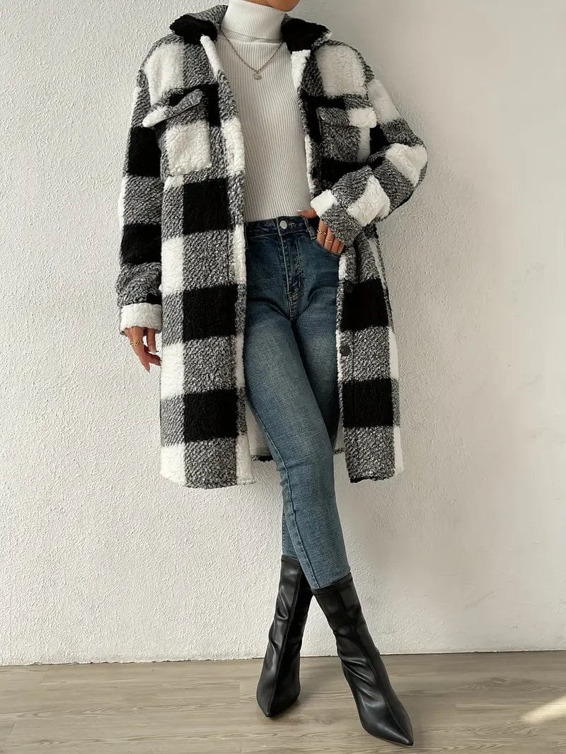 Plaid Pattern Teddy Coat, Stylish Open Front Long Sleeve Outerwear, Women's Garment