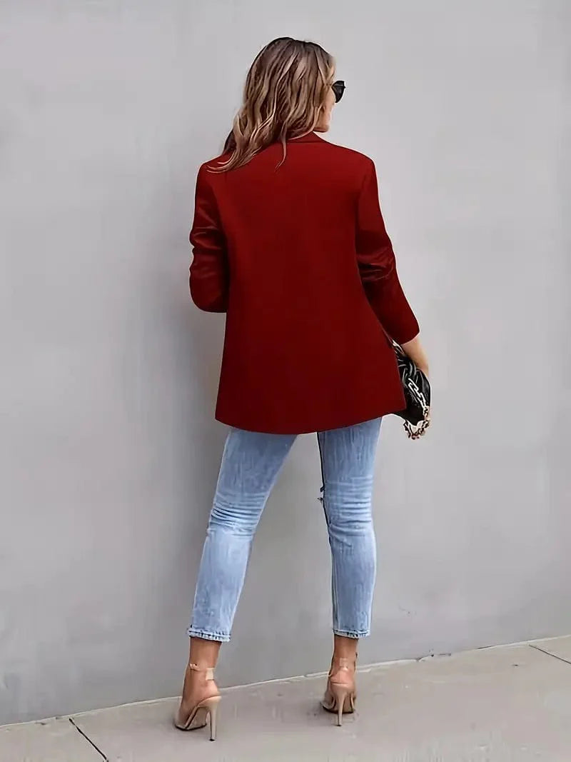 Lapel Neck Blazer with Button Front, Stylish Long Sleeve Jacket for Office & Work, Women's Apparel